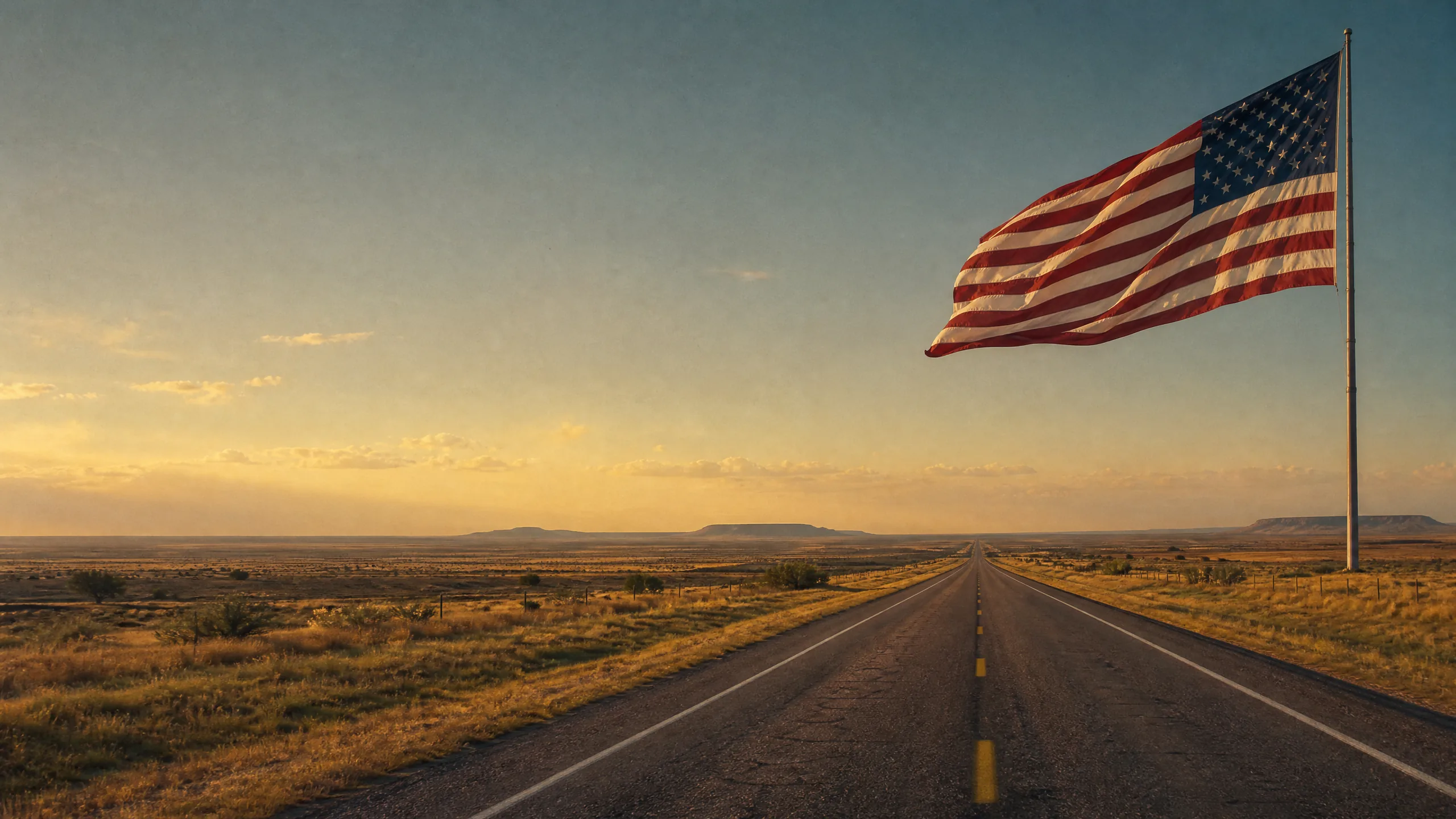 Große amerikanische Flagge über einem geraden Texas Highway im goldenen Abendlicht